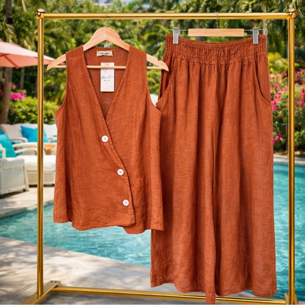 Puro Lino Made in Italy Sleeveless 100% Linen Vest and Wide-Leg Pants Set